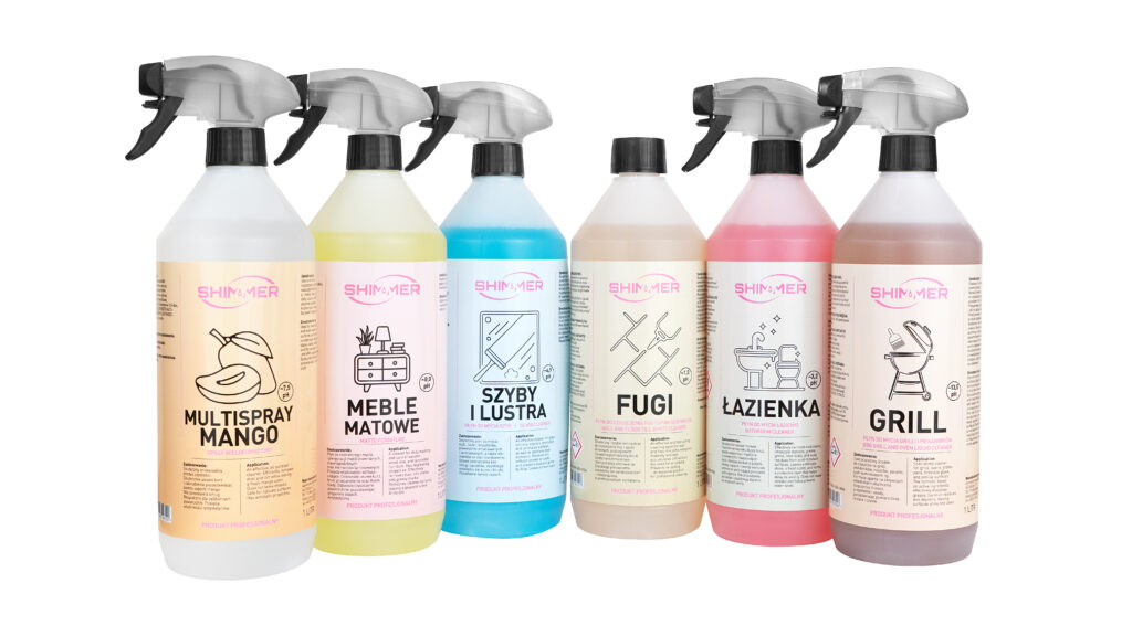 Shimmer, pełna oferta produktów marki: Multispray mango, preparat do mebli matowych, płyn do szyb i luster, środek do fug, płyn do łazienki oraz preparat do czyszczenia grilla.