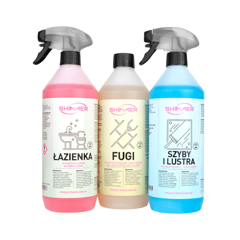 Zestaw środków czystości Shimmer: płyn do łazienki, preparat do fug oraz płyn do szyb i luster.